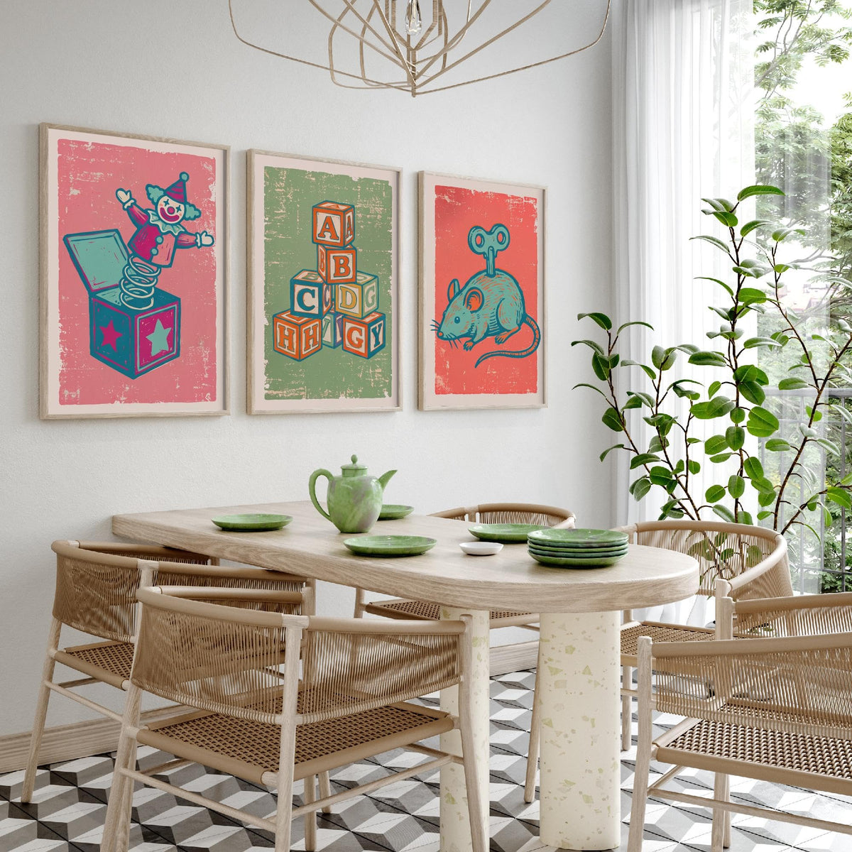 Art Prints Set of 3 Retro Linocut Style W213