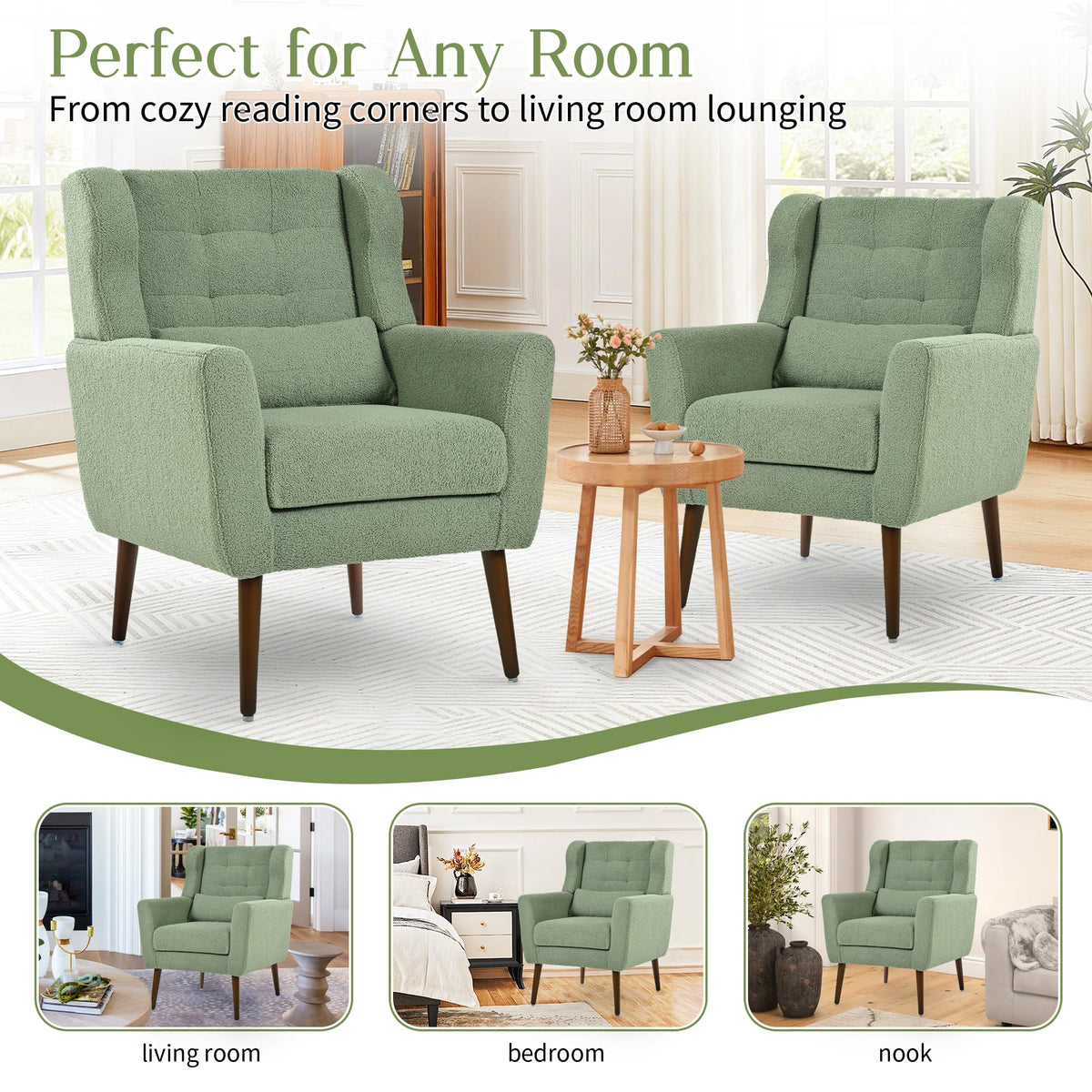 Green Teddy Upholstered Armchair Set of 2 with Lumbar Pillow S7763