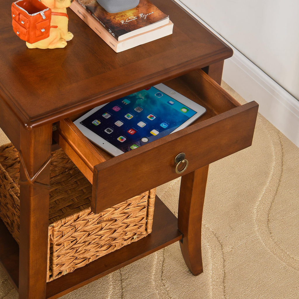 Small Solid Wood Side End Table with Drawer and Storage Shelf I306888